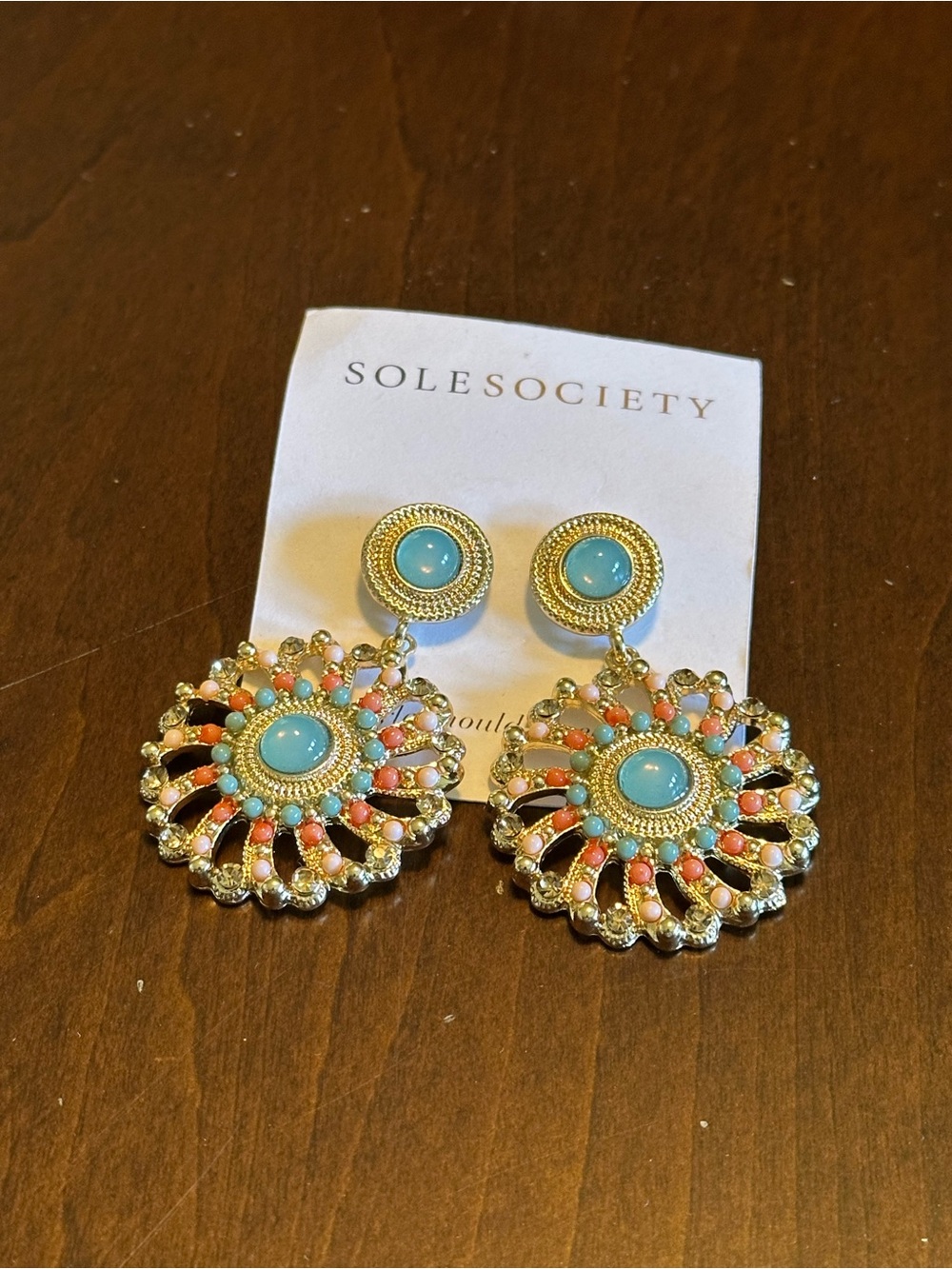 Sole Society Gold-Tone Turquoise & Coral Sunburst Drop Earrings